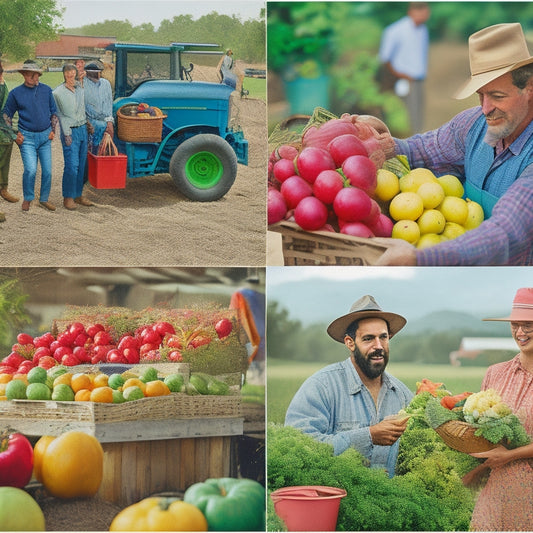 Illustrate a vibrant farm scene with a diverse array of colorful crops, a bustling farmers' market in the background, and a prominent central figure holding a crate of fresh produce, surrounded by happy customers.