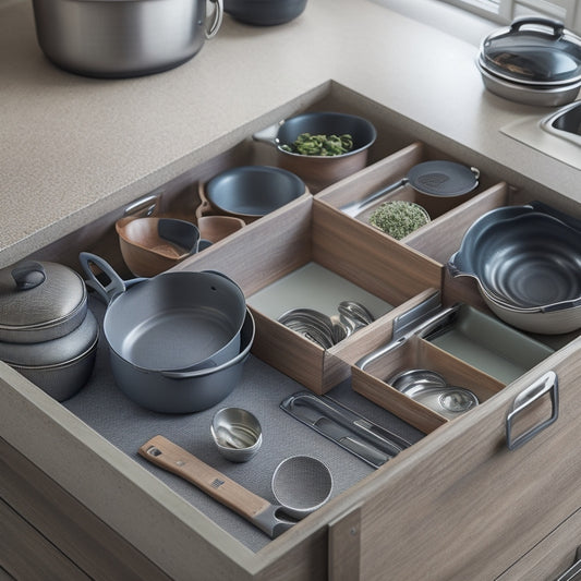 A neatly arranged kitchen drawer showcasing various pot and pan organizers: wooden dividers, stacked non-stick skillets, and labeled compartments for lids, all bathed in soft, warm light to highlight the organization and functionality.