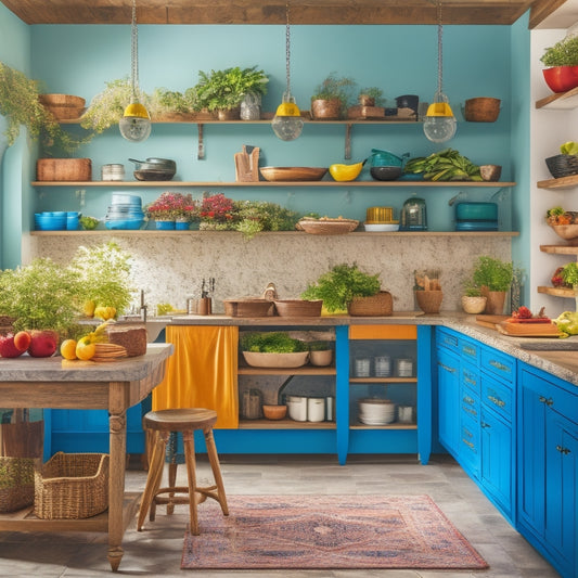 A bright, spacious kitchen featuring a rustic wooden island with open shelving, colorful storage bins, potted herbs, and stylish bar stools, surrounded by vibrant cookware and fresh ingredients on a marble countertop.