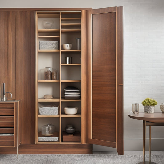 A sleek, modern freestanding pantry unit crafted from rich walnut wood, featuring elegant hidden storage compartments. Soft, warm lighting highlights the unit's clean lines and textured surfaces, surrounded by a stylish kitchen backdrop.