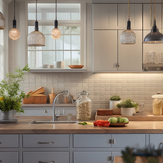 A cozy kitchen scene showcasing elegant under-cabinet lighting illuminating vibrant ceramic dishware, glimmering glass jars, and a wooden countertop, with warm tones reflecting off sleek stainless steel appliances and a subtle backsplash.