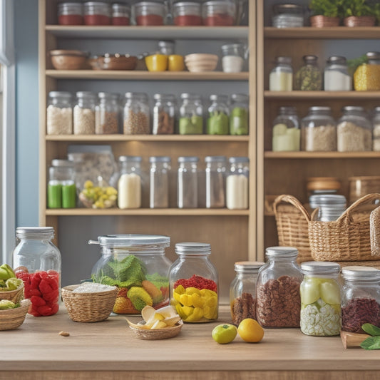 A tidy kitchen counter with a few neatly arranged jars, baskets, and containers, each adorned with colorful, laminated labels featuring illustrations of food items, against a warm, natural wood background.