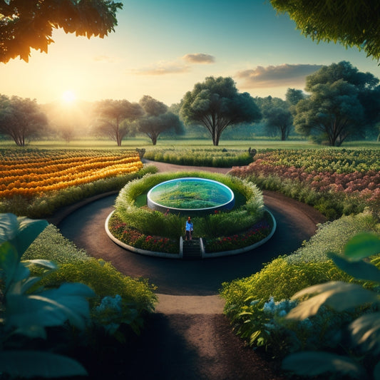 A futuristic, circular farm with lush greenery and diverse crops, surrounded by a thriving ecosystem, with a subtle, glowing aura and a faint silhouette of a child's face in the background.