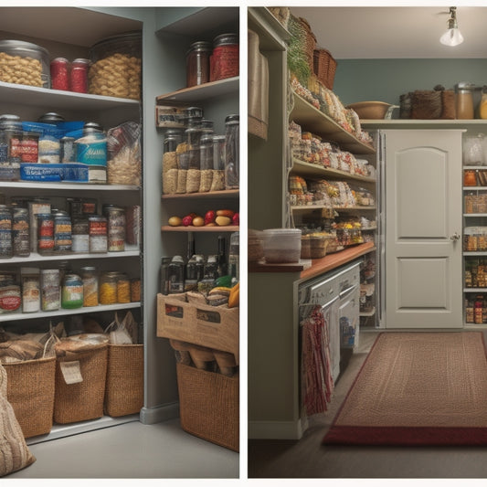 A split-screen image featuring a cluttered kitchen pantry on the left, with expired cans and open bags, and a tidy pantry on the right, with labeled containers and organized shelves.