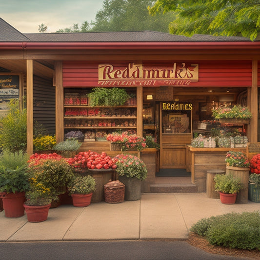 A warm and inviting storefront of a Redner's Market with a vintage-inspired sign, surrounded by lush greenery and a few rustic wooden crates, conveying a sense of community and nostalgia.