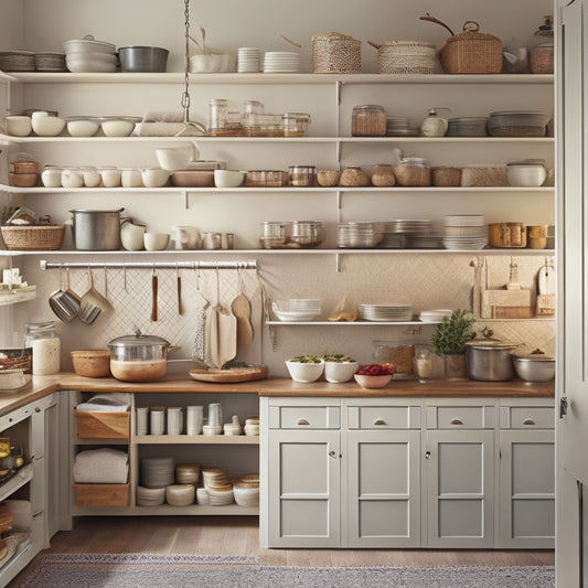 A well-organized kitchen with open cabinets showcasing neatly arranged dishes, stacked pots, and labeled jars. Include pull-out shelves, hanging utensils, and baskets for efficient storage, all bathed in warm, inviting lighting.