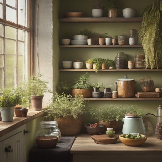 A cozy kitchen corner featuring floating wooden shelves adorned with potted herbs, colorful ceramic bowls, and vintage glass jars, all set against a warm, textured wall, illuminated by soft, natural light streaming through a window.