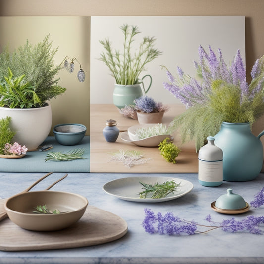A whimsical illustration of a kitchen countertop with a watercolor-inspired herb art set, featuring three ceramic pots with soft, blended hues of rosemary, thyme, and mint, surrounded by delicate, hand-painted florals.