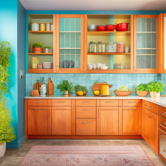 A modern kitchen featuring a freestanding pantry unit with sleek wood cabinetry, integrated spice racks filled with colorful jars, and a backdrop of bright tiles and fresh herbs, all bathed in warm, natural light.