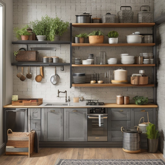 A stylish kitchen scene showcasing sturdy, multi-tiered cabinet organizers made of sleek metal and wood. Neatly arranged pots, pans, and spices create a visually pleasing, clutter-free environment, emphasizing durability and functionality.