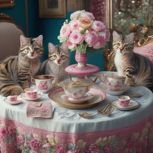 A whimsical illustration of Aunt Martha's elegant, lace-trimmed tablecloth, adorned with playful kittens amidst floral patterns, surrounded by delicate china, teacups, and intricately carved wooden spoons.