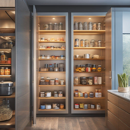 A modern kitchen featuring sleek sliding pantry drawers in a deep cabinet, filled with organized spices, jars, and canned goods, illuminated by warm ambient light, highlighting the rich wood textures and clean lines.