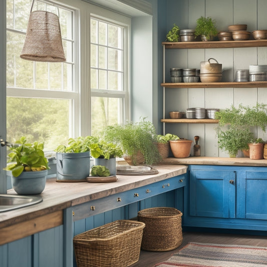 A bright, airy kitchen with a mix of repurposed items: a vintage window transformed into a spice rack, a wooden crate turned into a utensil holder, and a metal colander reused as a planter.