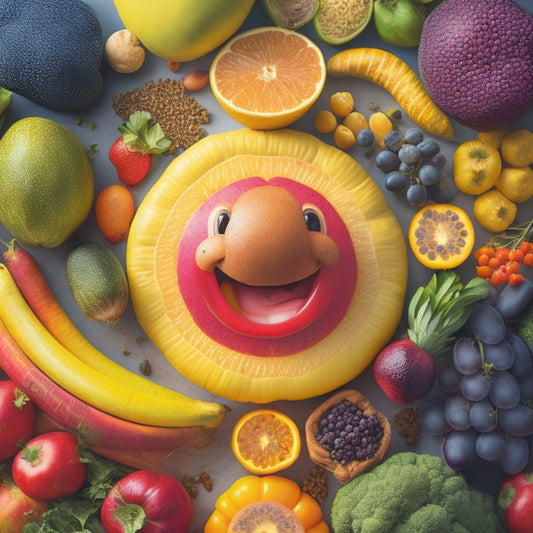 A vibrant, colorful illustration of a smiling gut character surrounded by fresh fruits, vegetables, and whole grains, with a subtle background of gentle, swirling digestive system patterns.