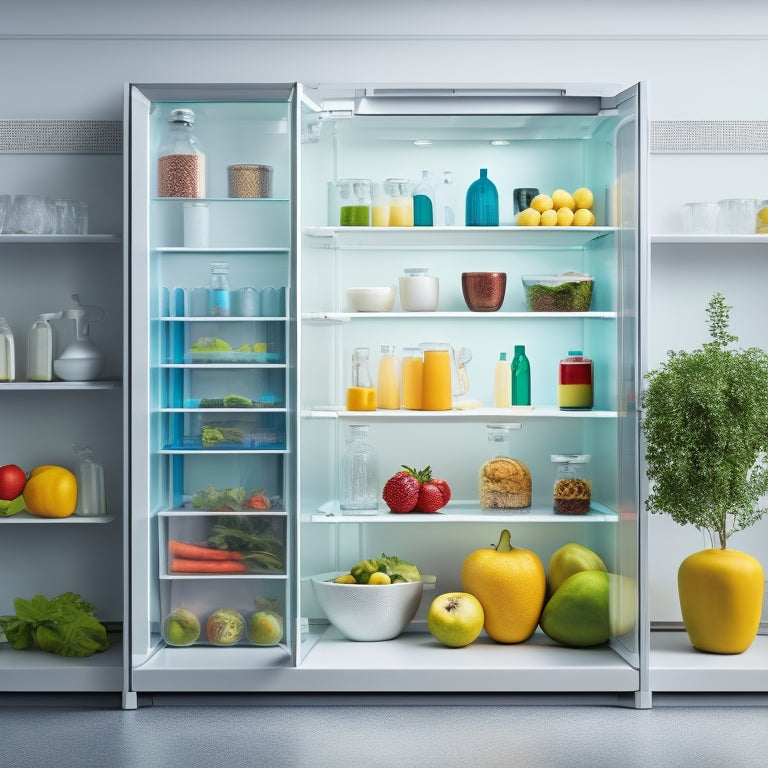 A minimalist kitchen fridge with transparent glass shelves, adorned with colorful, geometric-shaped labels in various sizes, containing a fresh arrangement of fruits, vegetables, and beverages.