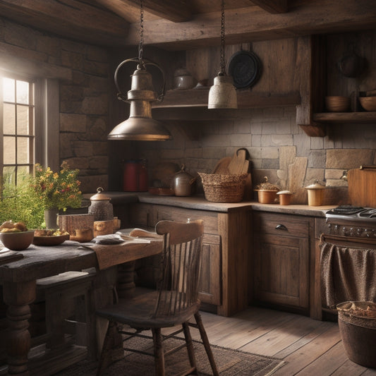 A warmly lit, rustic kitchen with exposed wooden beams, distressed cabinets, vintage utensils, and a stone backsplash, featuring a large wooden island with a pendant lantern above.