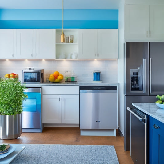 A bright, modern kitchen with a variety of digital devices and sleek storage solutions, including a tablet mounted on the wall, a smart fridge, and a wireless charging pad on a marble countertop.