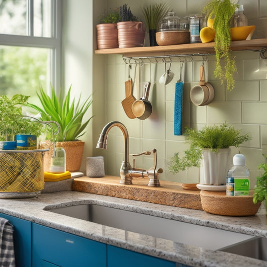 A neatly organized kitchen sink area featuring clear containers filled with sponges, brushes, and dish soap, a hanging rack for towels, and a small potted plant, all against a warm, inviting kitchen background.