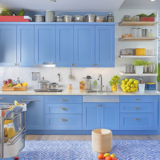 A modern kitchen with sleek, stainless steel appliances, a large island with built-in utensil organizers, and a pegboard adorned with hanging pots and utensils, surrounded by colorful, labeled meal prep containers.