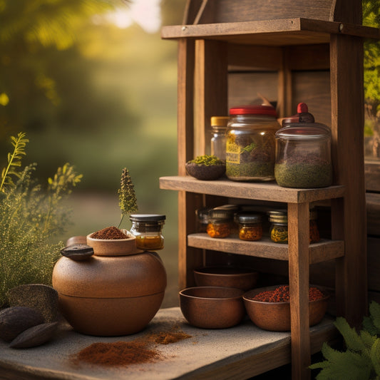 A rustic wooden portable spice rack, adorned with vibrant spice jars, set against a backdrop of an outdoor cooking setup, featuring a grill and lush greenery, with sunlight filtering through the leaves.