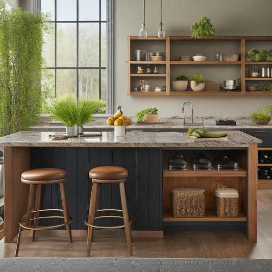 A modern kitchen island featuring sleek drawers, pull-out shelves, and a hidden wine rack, surrounded by stylish bar stools, rich wood accents, and vibrant potted herbs, all bathed in warm, inviting lighting.