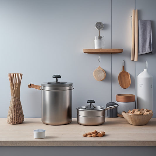 A minimalist, modern kitchen with a wooden countertop, featuring a DIY can rotator made from wooden dowels and metal rods, holding 12 cans of varying sizes, against a light gray background.