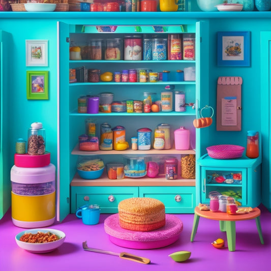A colorful, whimsical illustration of a miniature pantry filled with tiny food items, utensils, and appliances, surrounded by happy, curious Generation Dolls engaged in culinary play.