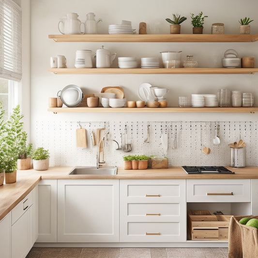 A bright, modern kitchen with sleek white cabinets, pull-out pantry drawers, and a wall-mounted pegboard with hanging utensils and pots, surrounded by warm wooden accents and plenty of natural light.