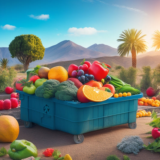 A vibrant illustration of a California landscape with a splitting dumpsters overflowing with fruits and vegetables in the foreground, while a green recycling symbol rises in the background.