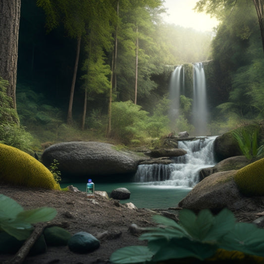 An illustration of a serene, lush forest with a subtle waterfall in the background, contrasting with a dry, cracked earth in the foreground, surrounded by empty water bottles and discarded plastic waste.