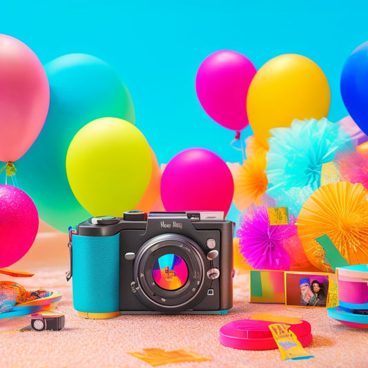A vibrant, colorful background with confetti and balloons, featuring a HP Sprocket printer in the center, surrounded by instant photos of happy memories, such as beach trips, birthday parties, and outdoor adventures.