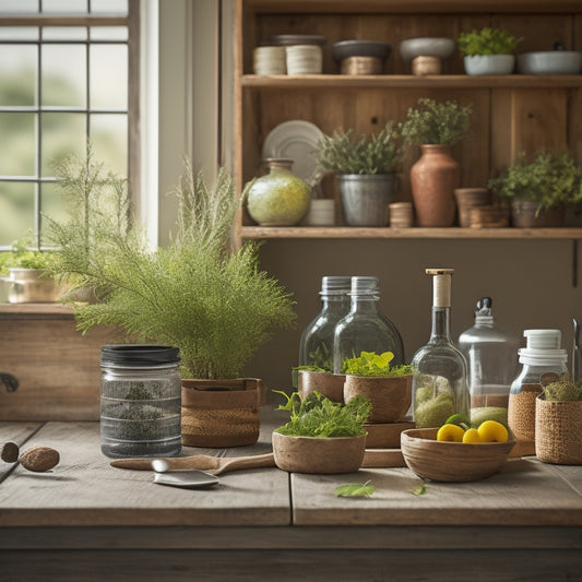 A tidy kitchen counter with a few select, mismatched jars and containers in a small, rustic wooden crate, surrounded by a few strategically placed utensils and a petite, potted herb plant.