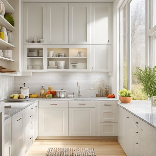 A sleek, modern kitchen featuring elegant, adjustable pull-out shelves inside glossy white cabinets, filled with neatly organized dishes, pots, and spices, bathed in soft natural light from a nearby window.