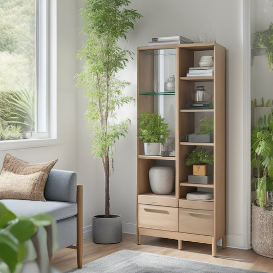 A sleek, modern corner cabinet in a bright, airy living room, featuring open shelving with decorative plants and books, and closed storage with minimalist handles, all set against a neutral color palette and warm wood flooring.