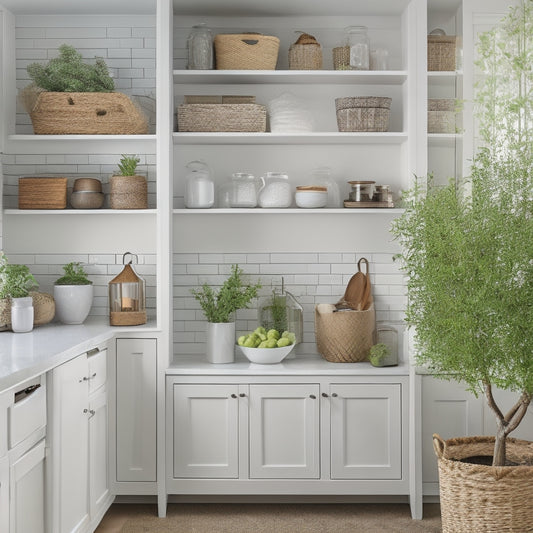 A bright, modern pantry with sleek white shelves and drawers, featuring neatly labeled baskets, arranged by category, with a few strategically placed decorative vases and a small, potted herb plant.