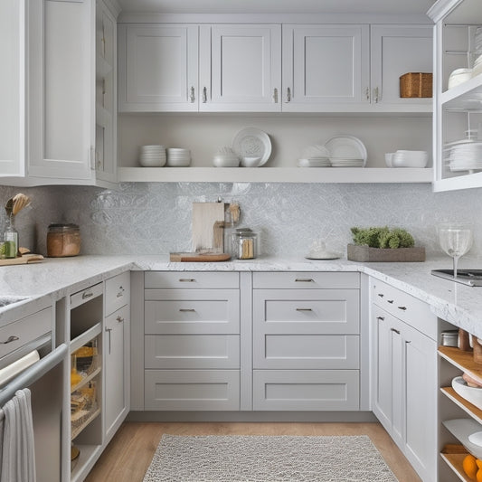 A bright, modern kitchen with sleek cabinetry, featuring a pull-out pantry with baskets, a wall-mounted spice rack, and a utensil organizer with dividers, all in a calming white and gray color scheme.