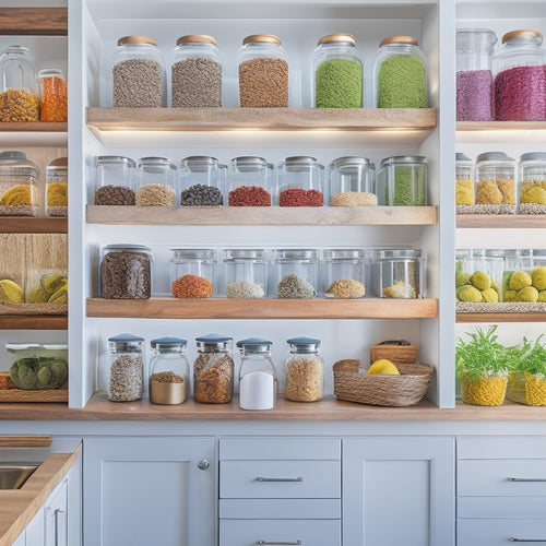 A beautifully organized kitchen featuring a sleek, modern lazy Susan filled with vibrant spices, colorful fruits, and elegant glass storage jars, all set against a bright, airy backdrop of white cabinets and natural wood accents.