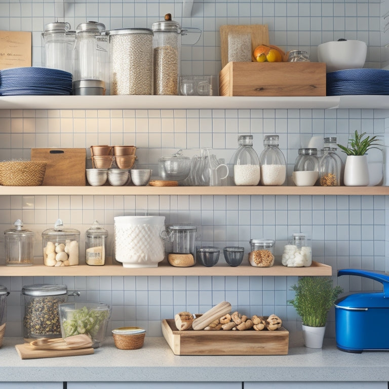 A tidy kitchen countertop with a mix of open and closed storage solutions, including a utensil organizer, spice rack, and a tiered shelf with baskets and a small appliance.