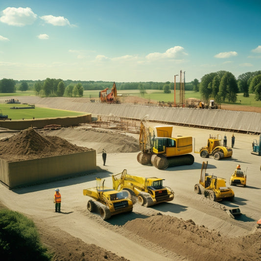 A photograph depicting a construction site with a large, curved concrete foundation being poured, surrounded by steel beams, excavators, and workers in hard hats and vests, amidst a backdrop of lush green fields.