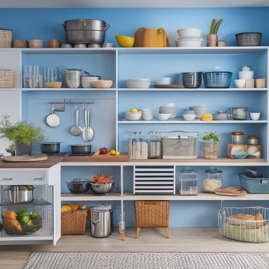 A bright, modern kitchen with open cabinet doors revealing organized shelves, baskets, and dividers, showcasing a mix of cookware, utensils, and food items arranged in a harmonious, clutter-free space.