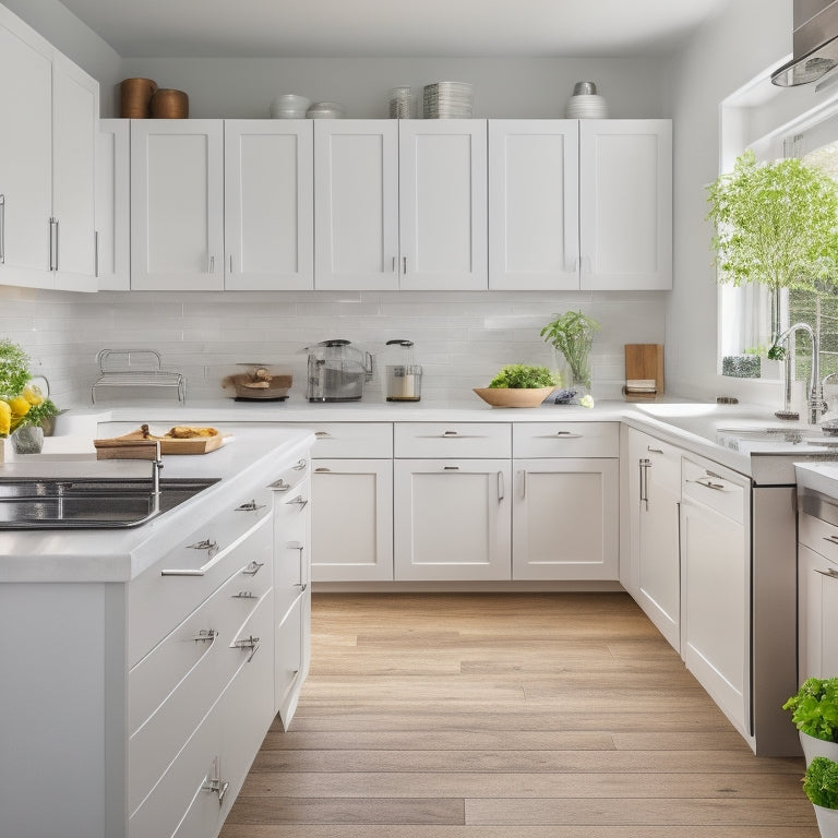 A bright, modern kitchen with sleek, white cabinets, a stainless steel sink, and a compact island featuring a built-in trash can, spice rack, and pull-out cutting board.