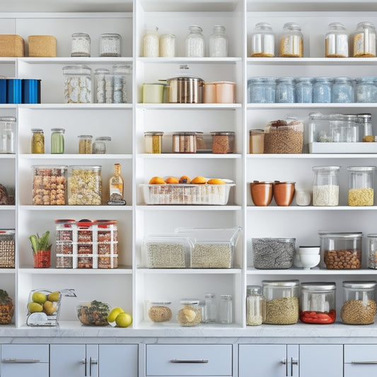 A bright, modern kitchen pantry with sleek, white shelves, filled with a variety of glass jars and containers, each adorned with colorful, custom-designed labels featuring icons and shapes.