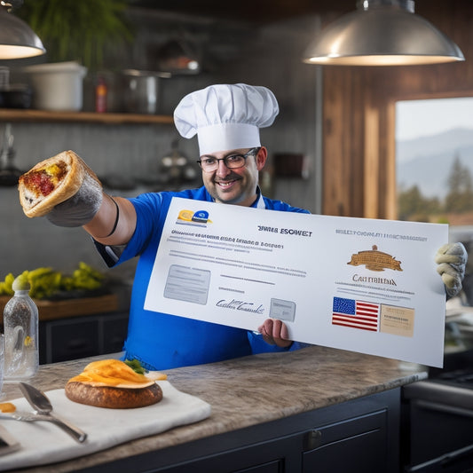 An illustration of a chef in a California restaurant kitchen, wearing a white apron and gloves, holding a food handlers card in one hand and a certificate of insurance in the other, with a California state flag in the background.