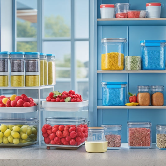 A modern kitchen scene featuring colorful stackable containers in various sizes, neatly organized on open shelves. Include fresh ingredients like fruits and herbs alongside the containers to emphasize space management and functionality.