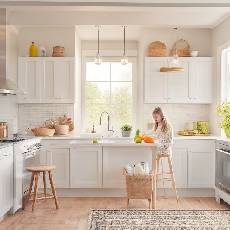 A bright, modern kitchen with sleek white cabinets, a compact island, and a pegboard with hanging utensils, surrounded by a small, happy family of three, amidst a warm, natural light.