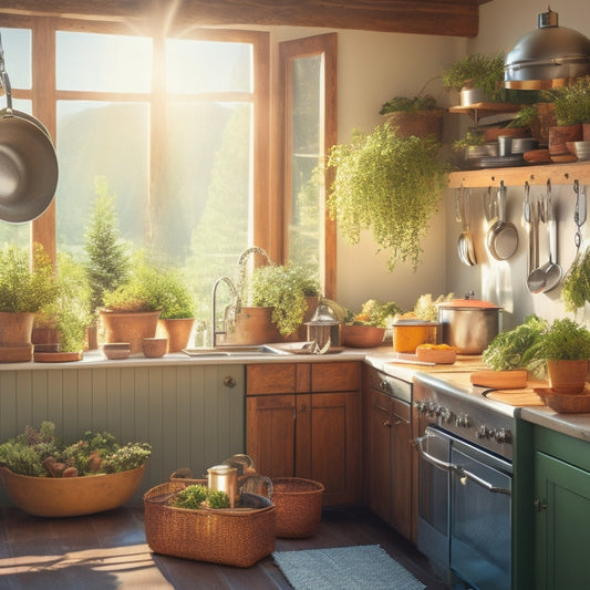 A cozy kitchen with a rustic ceiling-mounted pot rack holding various hanging pots and pans, sunlight streaming through a window, vibrant herbs on the windowsill, and modern appliances in the background.