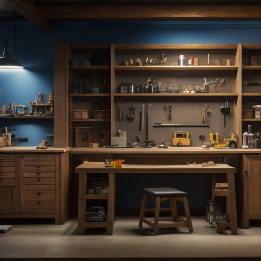 A well-lit, organized workshop with a half-built wall cabinet on a workbench, surrounded by precision tools, wooden planks, and measuring tapes, with a subtle hint of a designer's blueprints in the background.