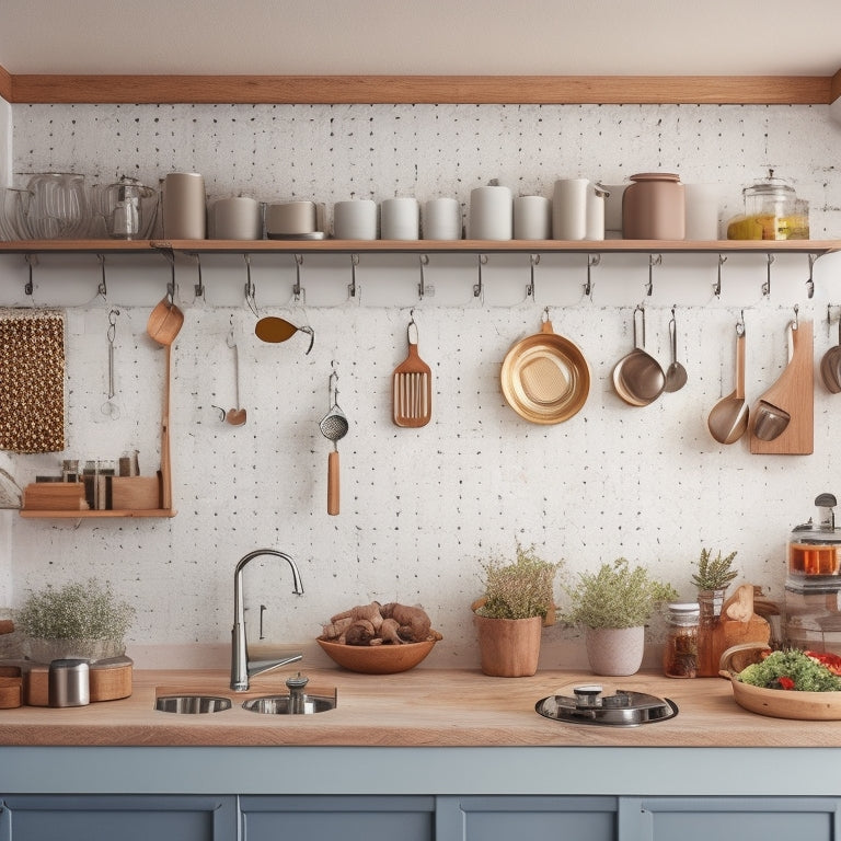 A clutter-free, L-shaped kitchen with a small island, featuring a pegboard with hanging utensils, a pull-out spice rack, and a compact, wall-mounted pot lid organizer.