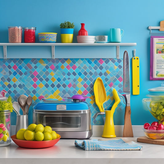 A colorful kitchen scene featuring a vibrant magnetic knife strip mounted on a playful backsplash, surrounded by child-safe utensils, bright magnets, and cheerful decor, showcasing an organized, kid-friendly cooking space.