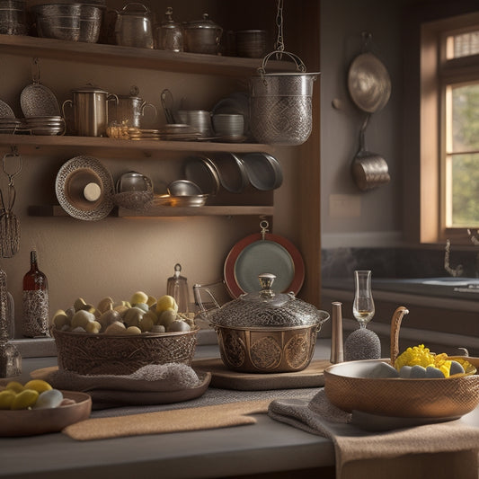 A rustic kitchen scene featuring an ornate hanging pot rack, adorned with various pots and pans. Below, an elegant wine glass holder showcases shimmering glasses, all set against warm wooden cabinetry and soft ambient lighting.